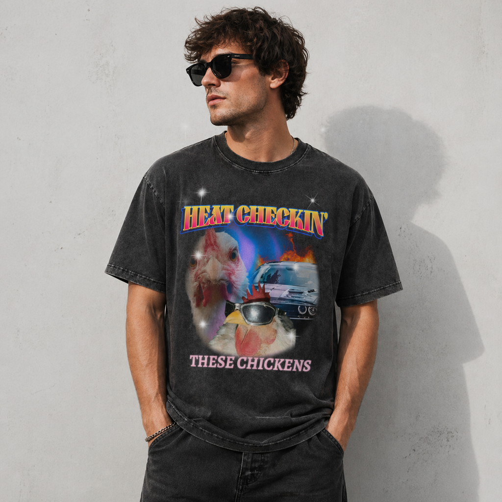 HEAT CHECKIN' THESE CHICKENS Snow Washed Heavyweight Oversize T-Shirt